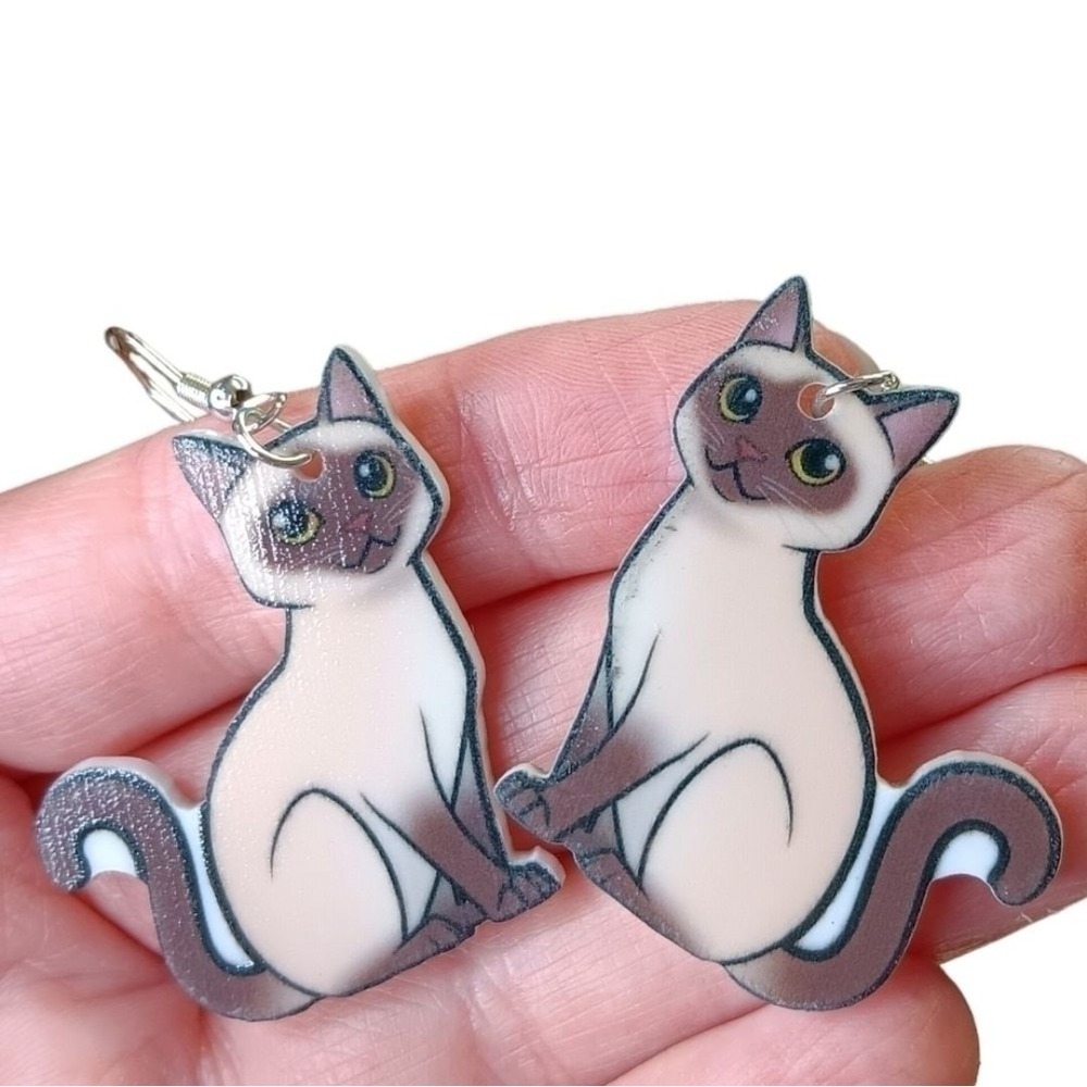 Siamese Cat‎ Kitten Earrings drop dangle LIGHTWEIGHT Cute NEW Brown Cream